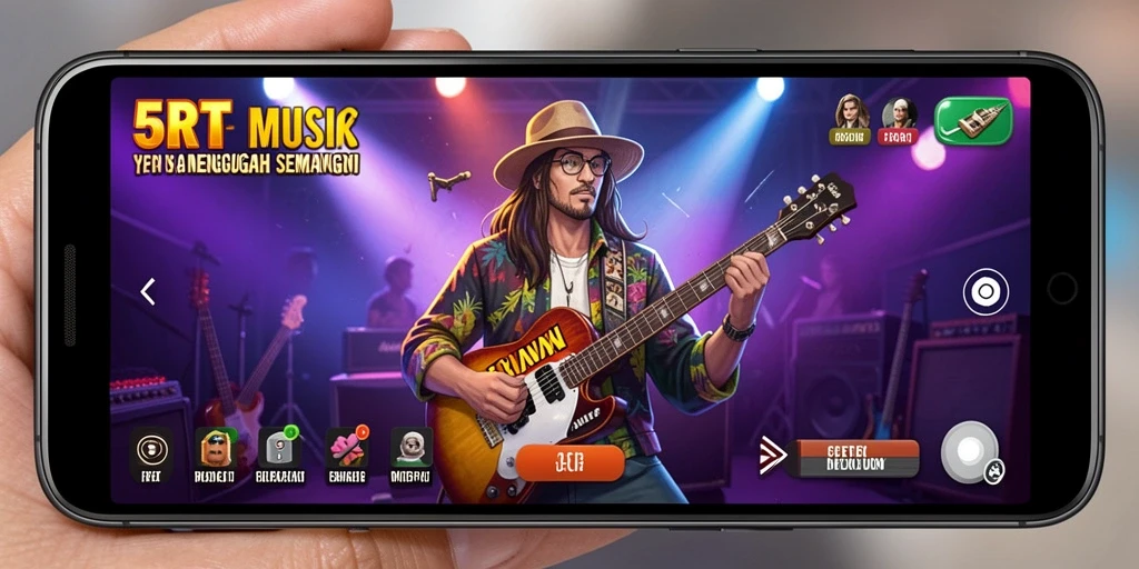 Tangkapan layar utama dari gameplay 5RT menampilkan aksi bermain musik.