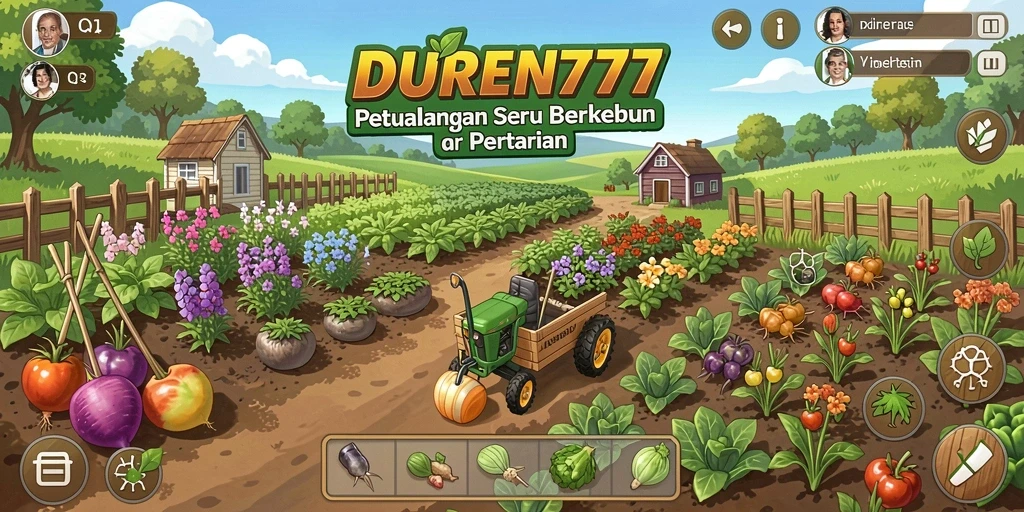 Tangkapan layar gameplay DUREN777 menampilkan ladang hijau yang subur dan tanaman beraneka warna.