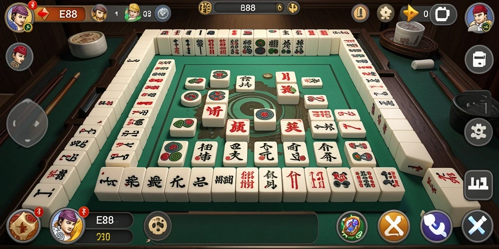 Tampilan utama E88 menunjukkan gameplay Mahjong yang menarik.