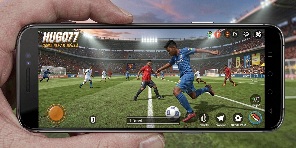 Tampilan gameplay HUGO77 dengan aksi pertandingan sepak bola yang intens.