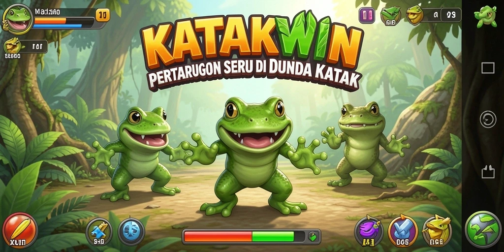 Screenshot gameplay KATAKWIN menampilkan karakter katak bertarung dengan gaya dinamis.