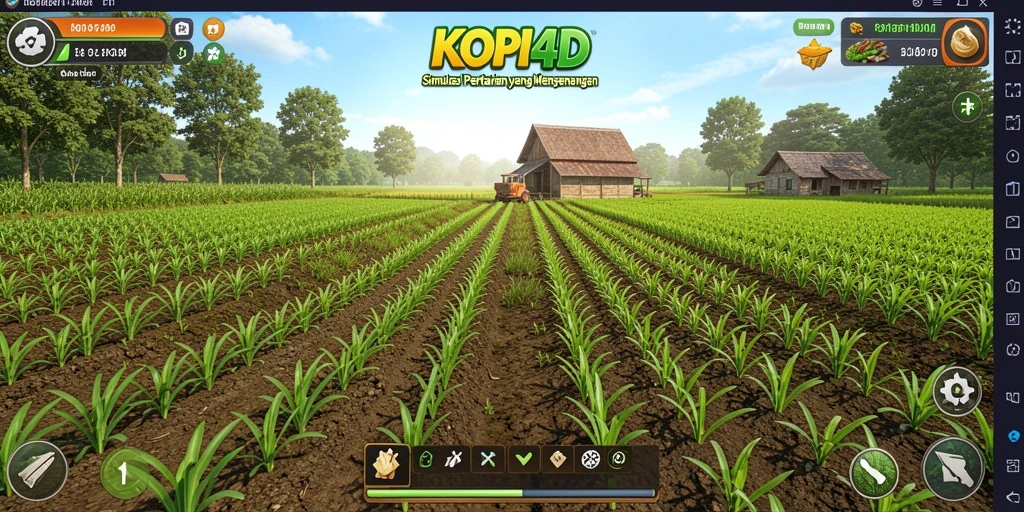Tampilan gameplay KOPI4D dengan berbagai tanaman yang sedang tumbuh.