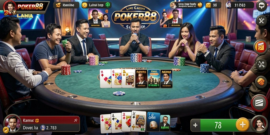 Gameplay POKER88 yang menegangkan dengan dealer langsung di layar.