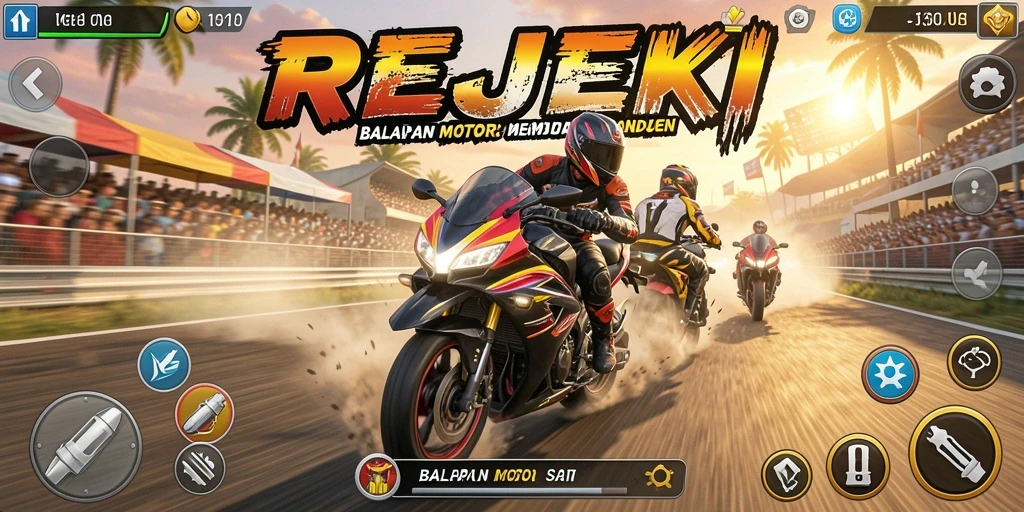 Screenshot gameplay REJEKI menampilkan balapan motor yang mendebarkan.
