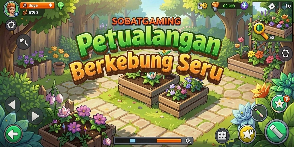 Tampilan gameplay seru dari SOBATGAMING dengan kebun yang indah.