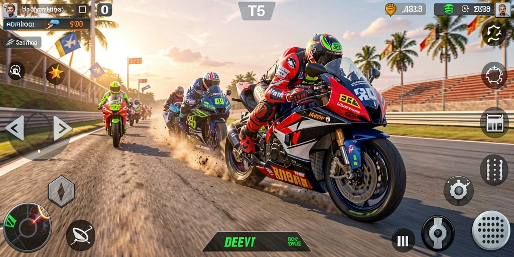 Screenshot gameplay T6 menunjukkan balapan motor seru di trek yang menantang.